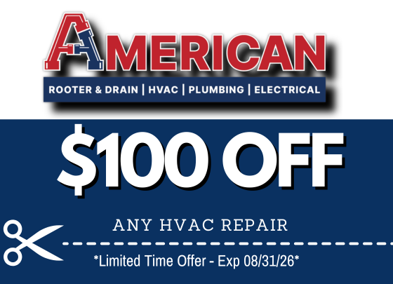 Coupon for $100 OFF any HVAC repair. Expires August 31, 2026