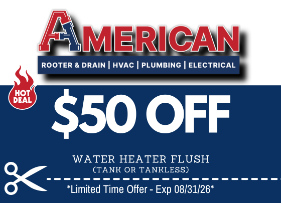 Coupon for $50 OFF water heater flush, tank or tankless. Expires August 31, 2026
