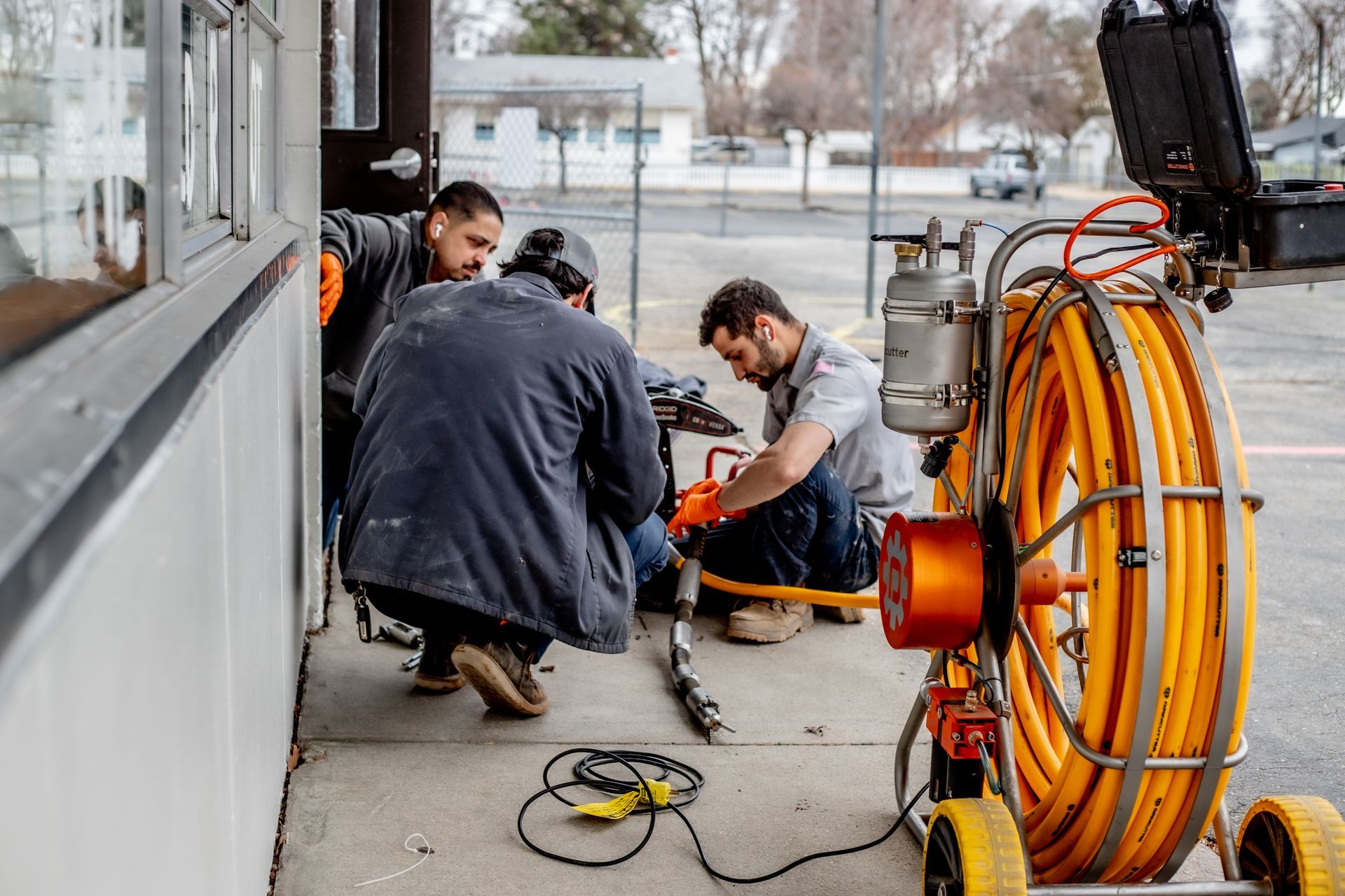Drain technicians and underground plumbing crew working an elementary school to replace busted pipes