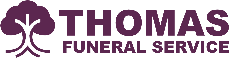Thomas Funeral Service logo in purple with stylized tree icon and bold uppercase text