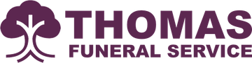 Thomas Funeral Service logo in purple with stylized tree icon and bold uppercase text