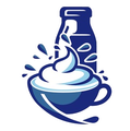 Blue logo: Milk pouring from a bottle into a cup topped with whipped cream.