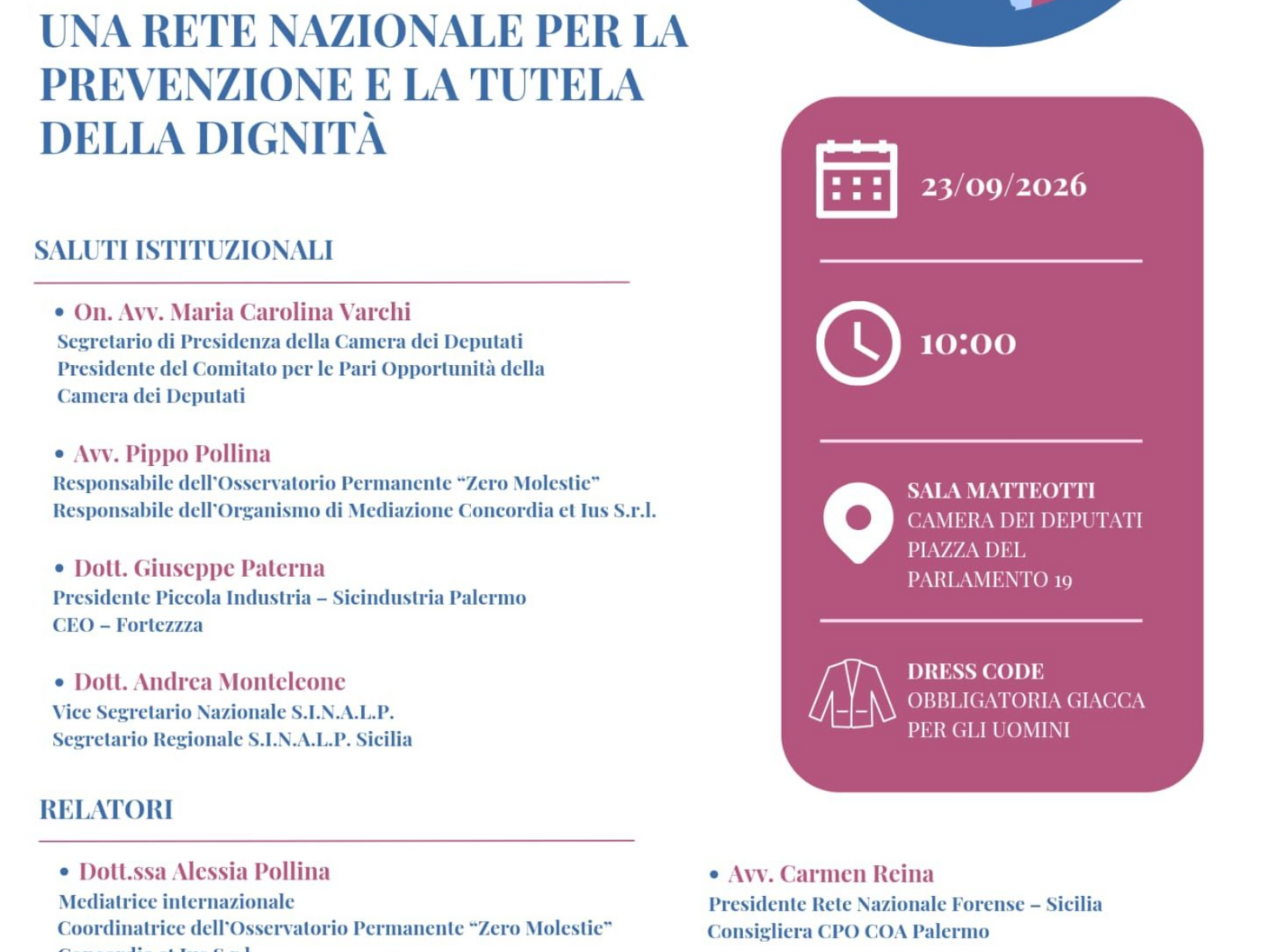 «Zero Molestie» alla Camera — 23 settembre 2026, Roma