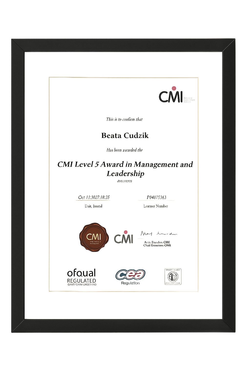 Framed certificate: CMI Level 5 Award in Management and Leadership for Heather Crockett.
