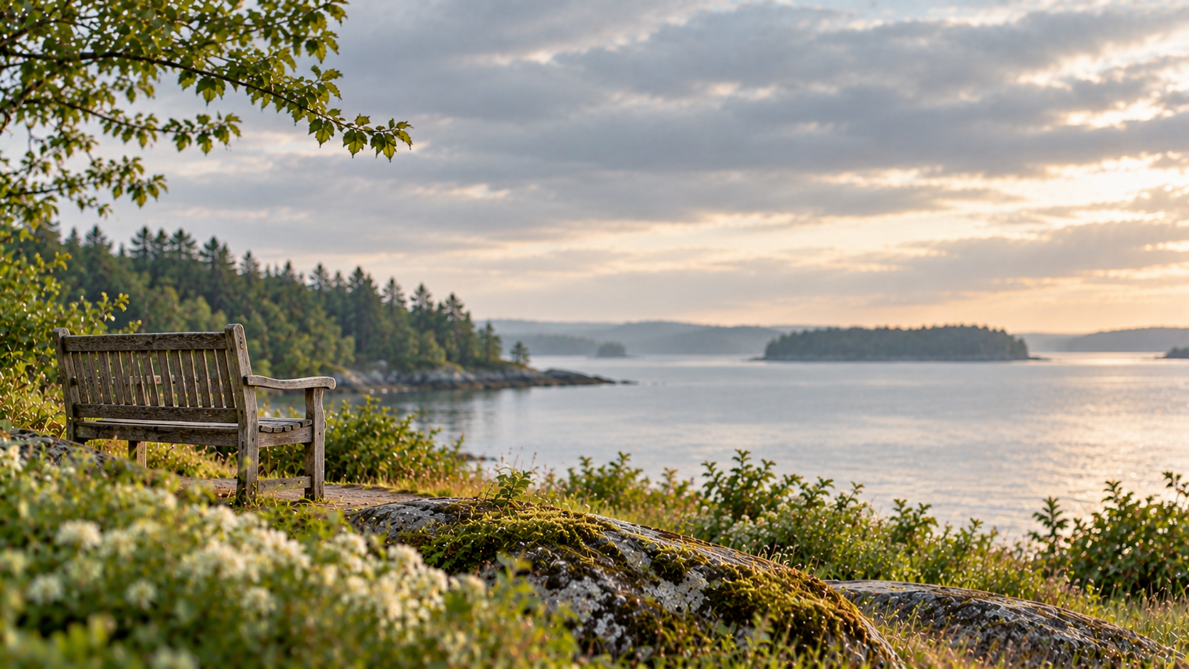 Wooden bench overlooking calm coastal waters near cremation services on Bainbridge Island, WA.