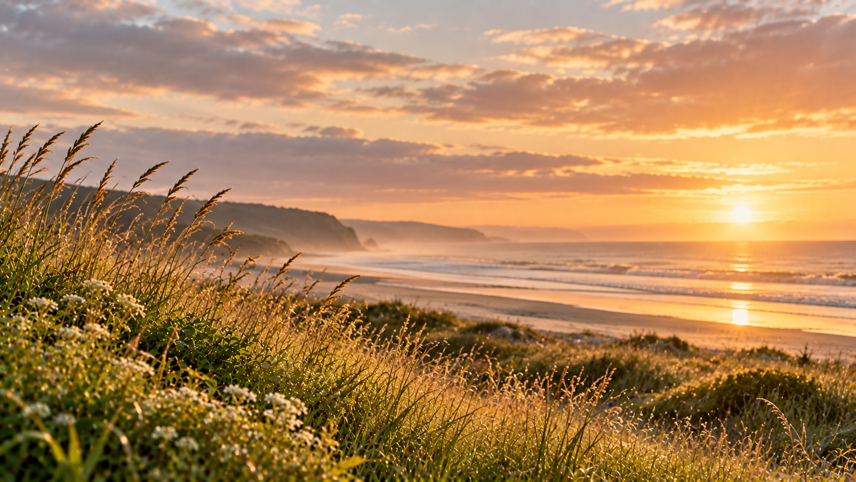 Coastal beach and wildflowers glowing at sunset near funeral homes on Bainbridge Island, WA.