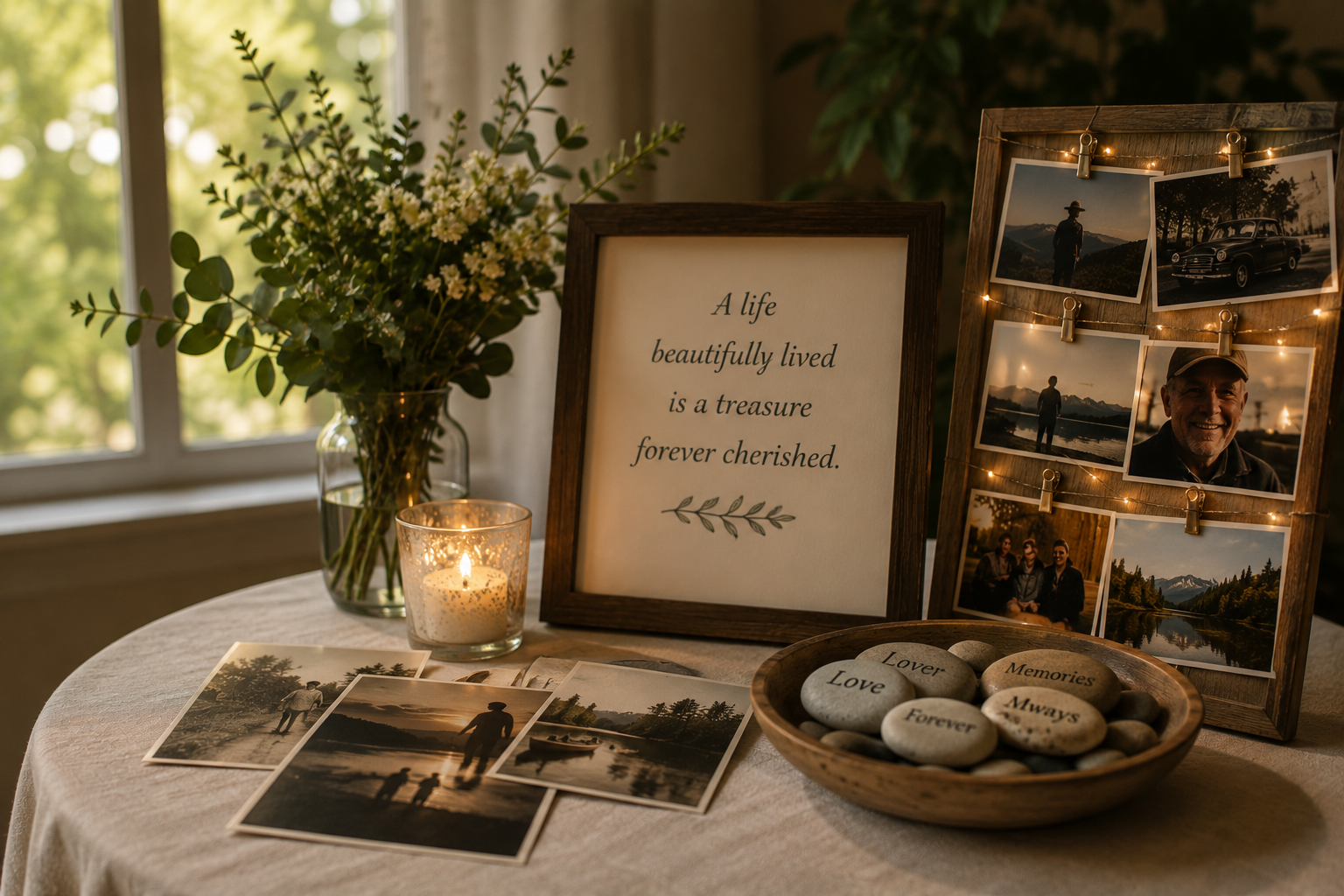Memorial display with photos honoring a loved one for cremation services in Bainbridge Island, WA