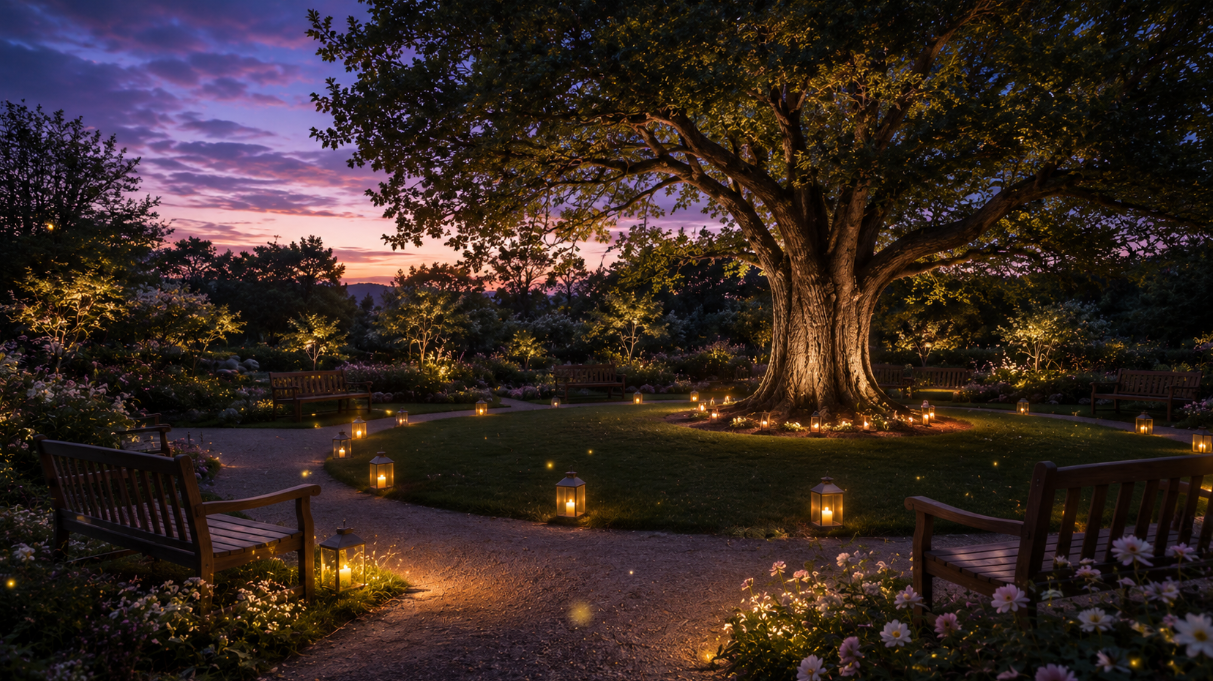 Enchanting twilight memorial garden with glowing lanterns, cremation services Kingston, WA