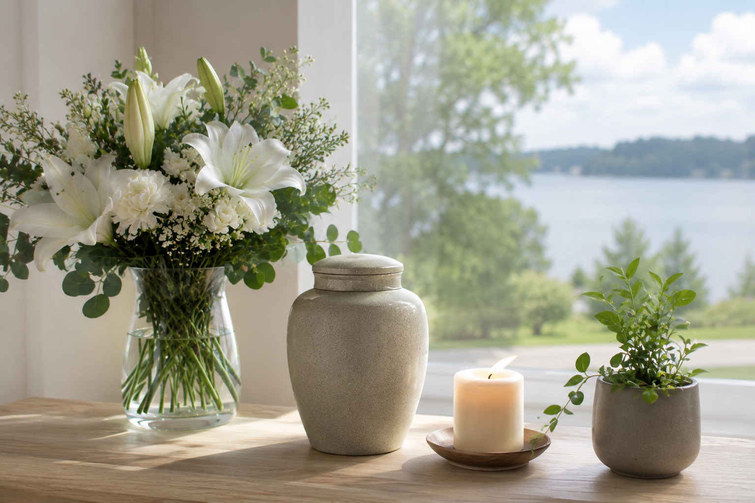 Urn, white floral arrangement, and candle for cremation services in Kingston, WA.