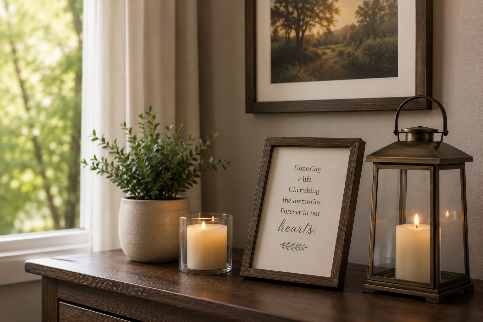 Memorial candles and framed tribute create a peaceful setting for cremation services in Kingston, WA