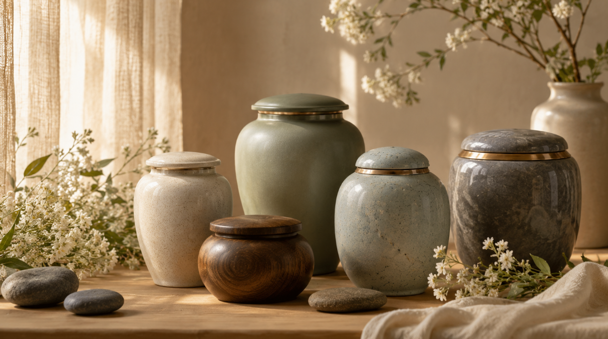 Elegant display of decorative cremation urns with soft natural lighting and floral accents, cremation services Poulsbo, WA