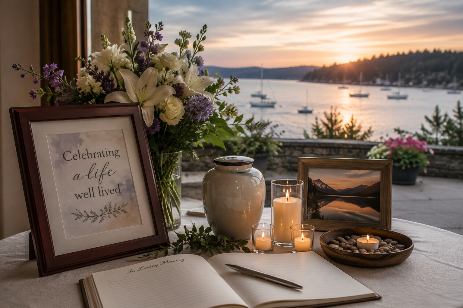 Memorial display with guest book for cremation services in Poulsbo, WA.