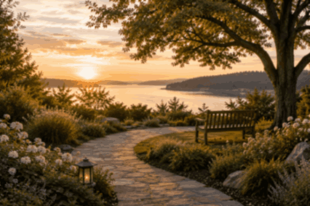 Garden pathway leading to a bench overlooking the water at sunset on Bainbridge Island, WA
