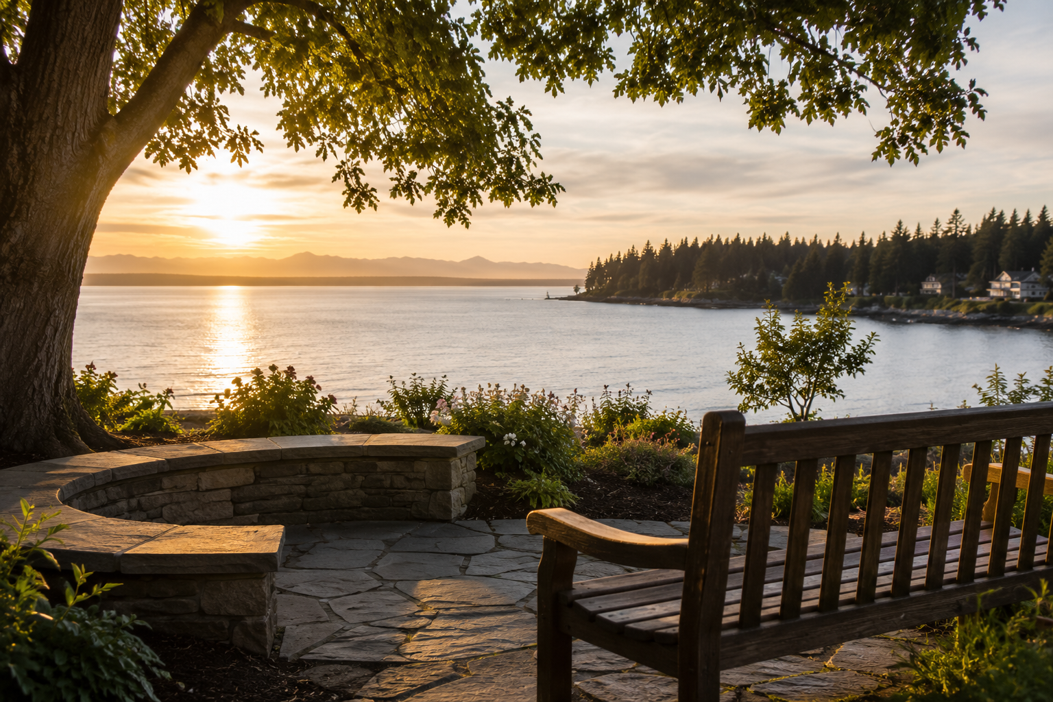 Peaceful waterfront bench at sunset reflects compassionate funeral homes in Bainbridge Island, WA