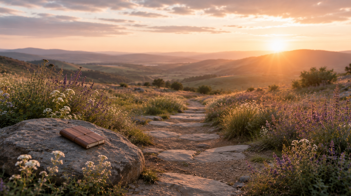 Peaceful hillside at sunset with wildflowers, journal resting on a rock, funeral homes Kingston, WA
