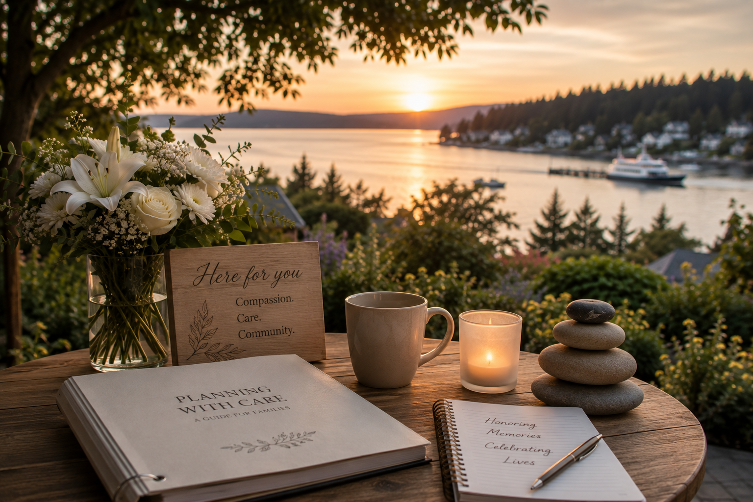 Memorial planning display with waterfront view for funeral homes in Kingston, WA.