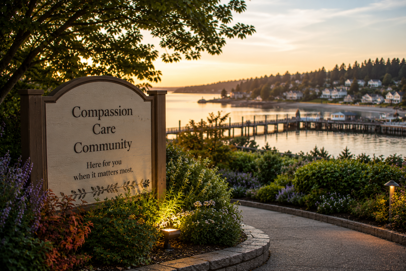 Waterfront memorial garden with support sign for funeral homes in Poulsbo, WA.
