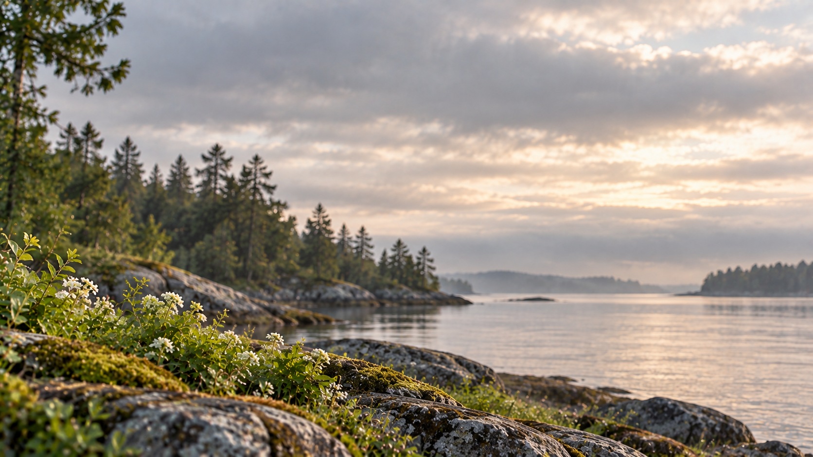 Rocky shoreline with white wildflowers overlooking calm water near cremation services in Kingston, W