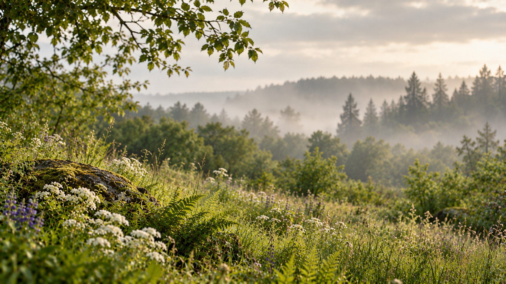 Wildflowers overlooking a misty forest landscape near funeral homes in Kingston, WA.