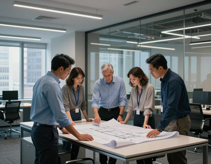 Professionals reviewing building plans in a NYC office