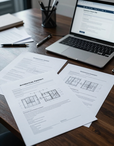Permit documents and DOB filing portal on a desk