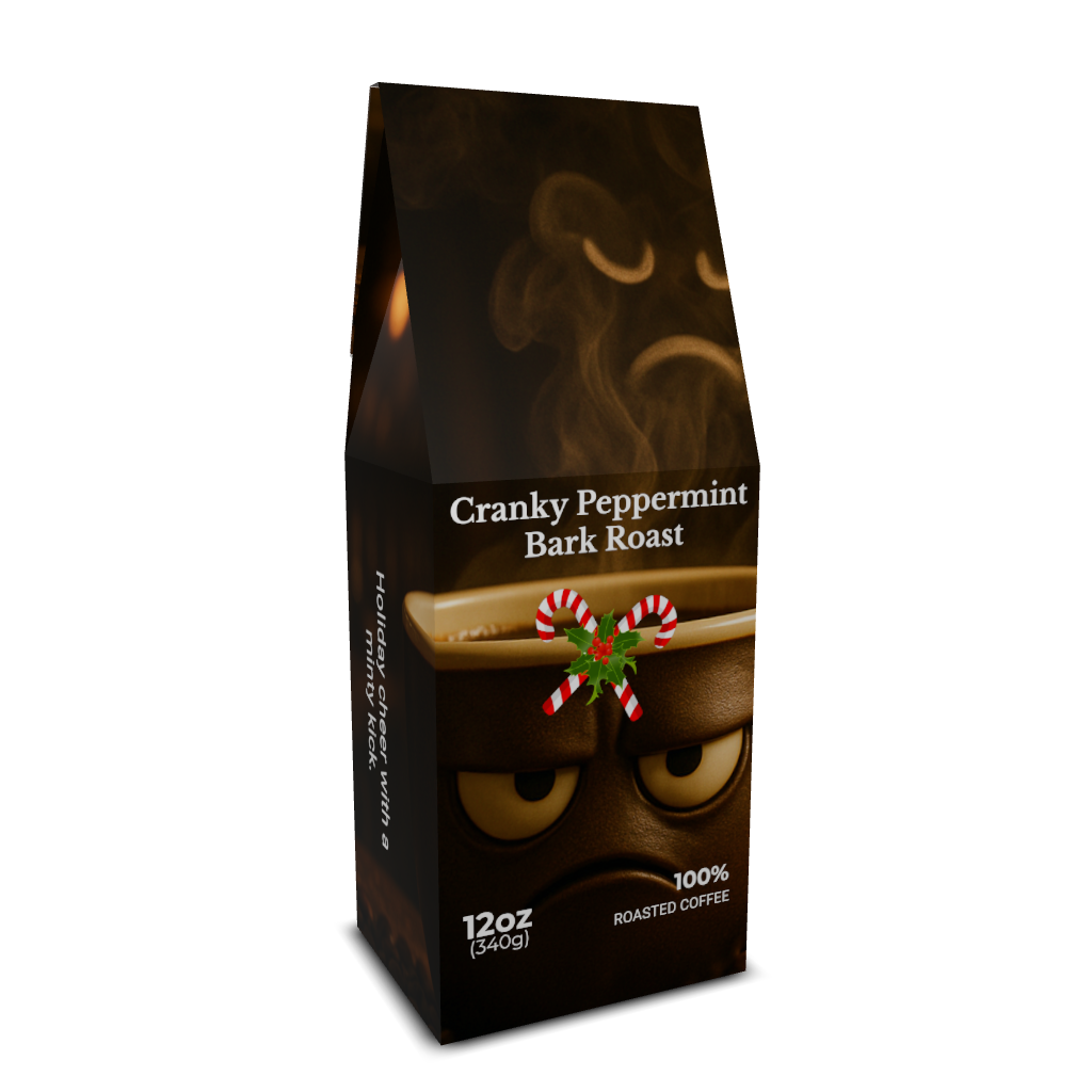 Coffee bag with a grumpy face design;