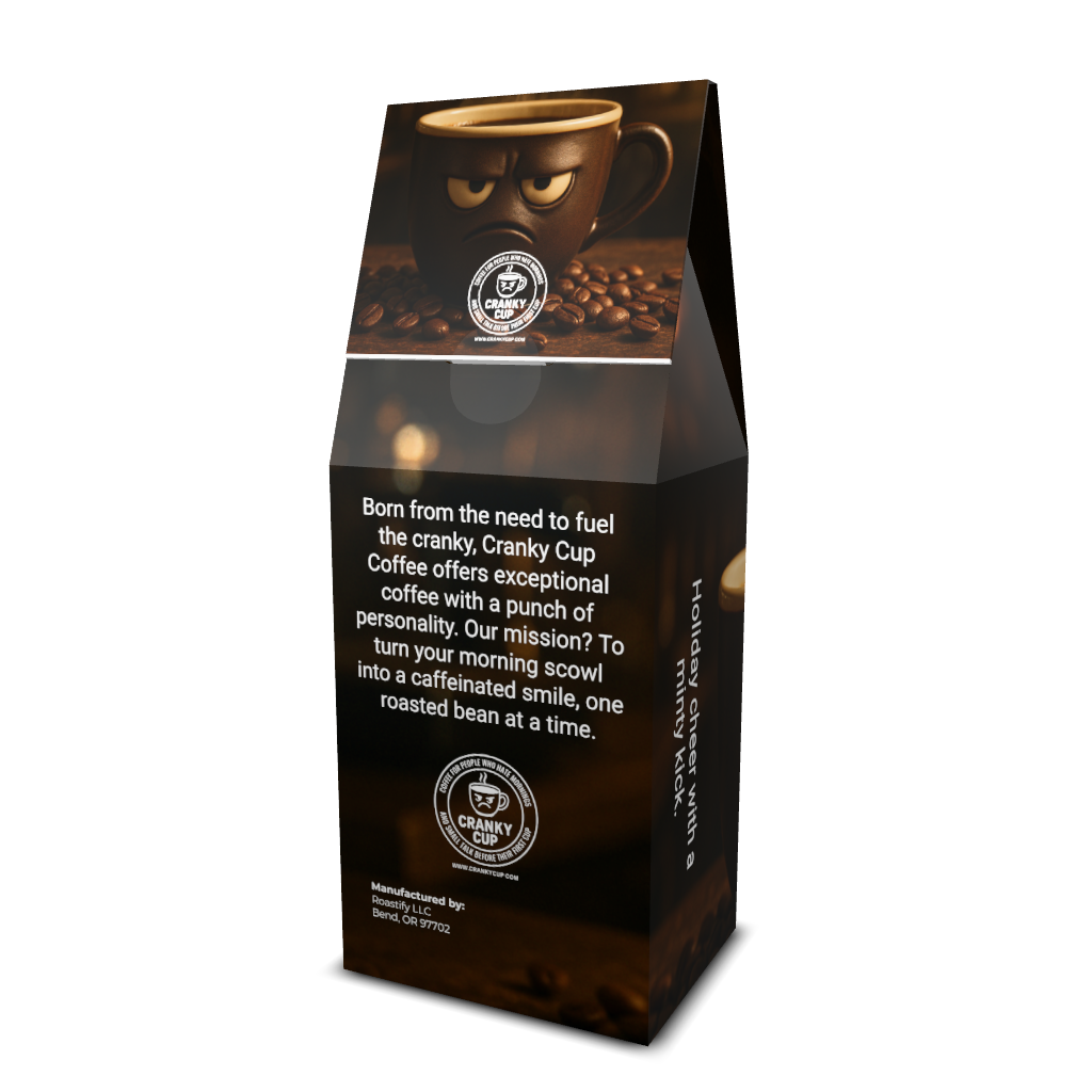 Coffee bag with a grumpy face design;