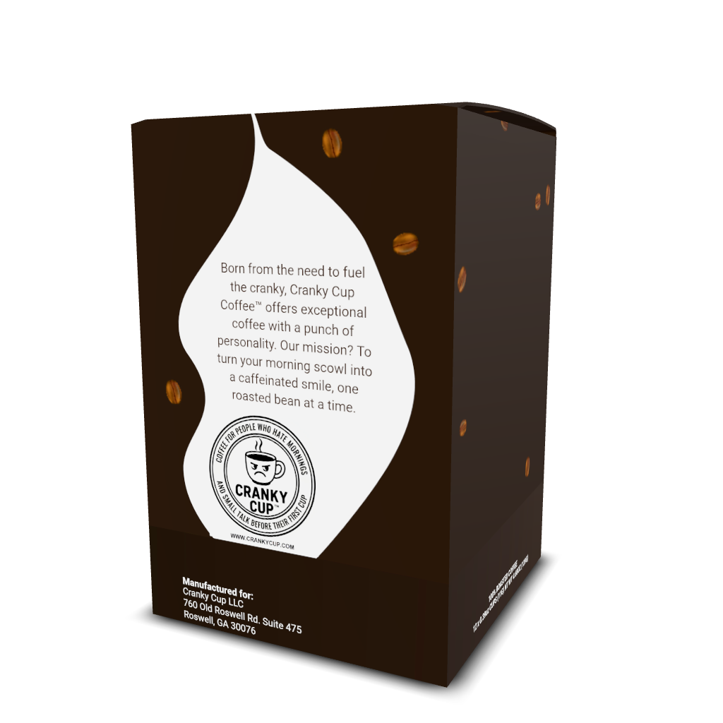 Coffee box with an angry mug illustration,