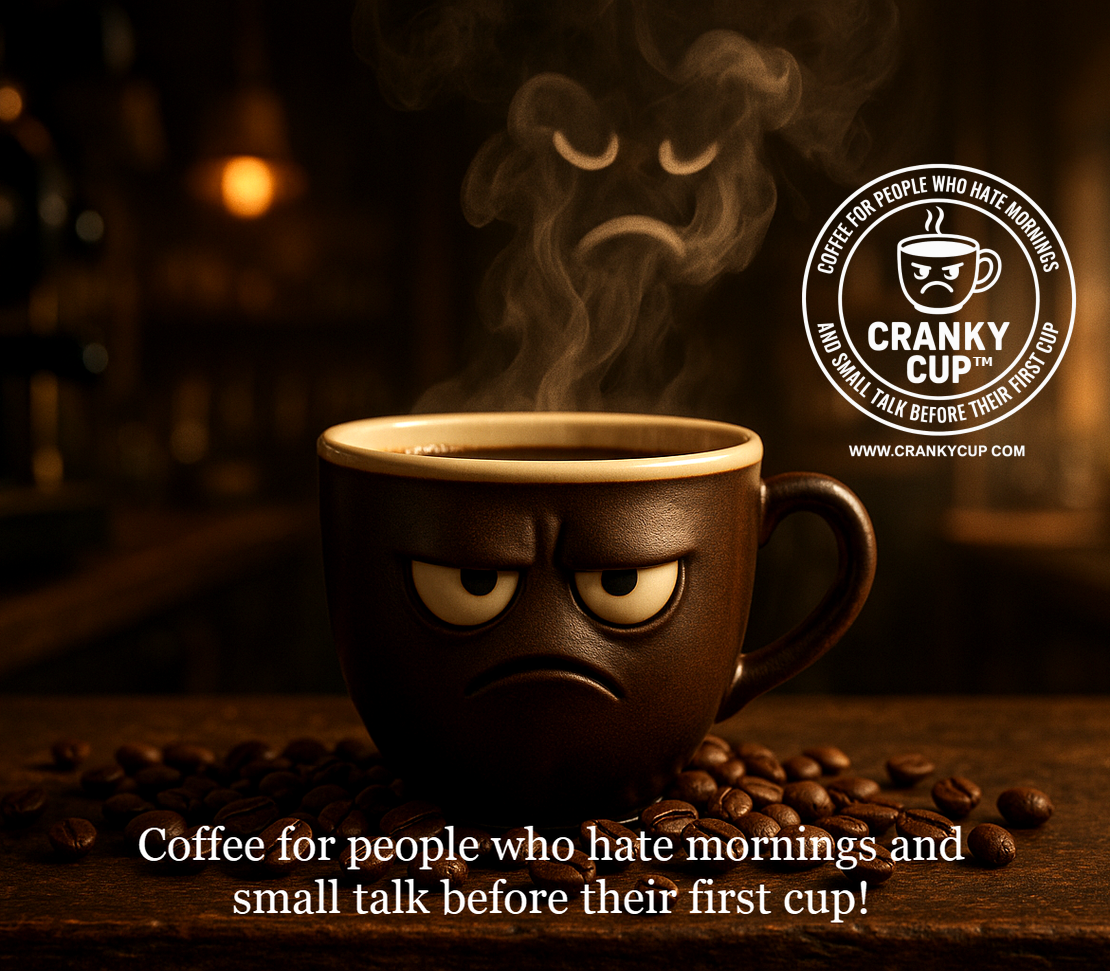 Cranky-faced coffee mug with steam forming a cranky face, on a dark wooden surface with coffee beans.