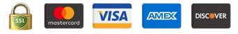 Logos: SSL padlock, Mastercard, Visa, Amex, Discover.