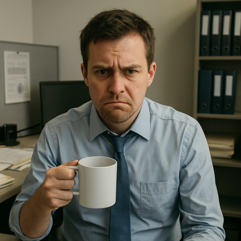 Man in office holding coffee mug, frowning.