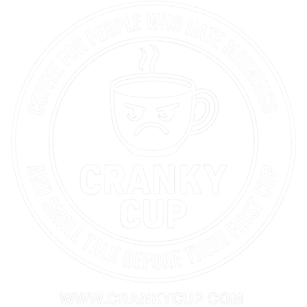 Angry coffee cup with steam above; text