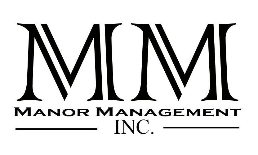 The logo for manor management inc. is black and white.