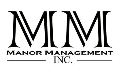 The logo for manor management inc. is black and white.