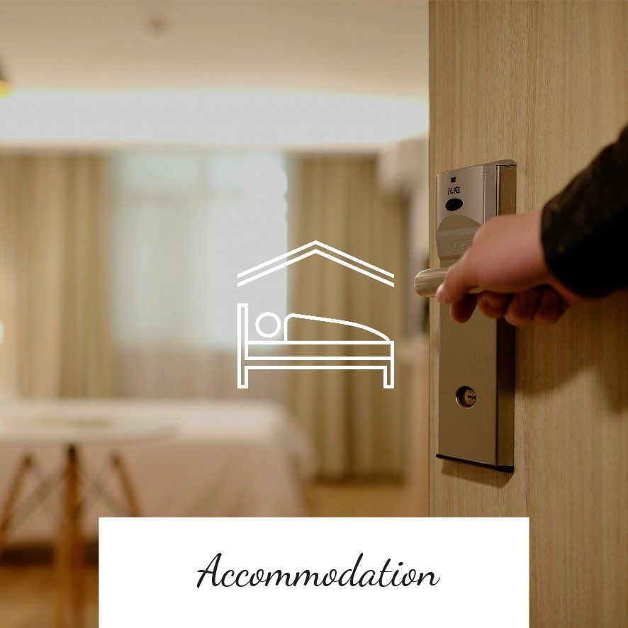 Person opening a hotel room door, with an icon for accommodation overlaid on the door.