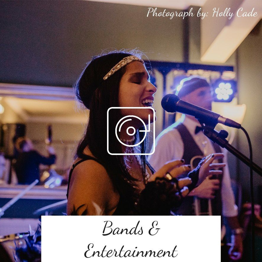 A singer with a band, performing live. Stage lit in blue. Music icon overlay. Text: Bands & Entertainment.