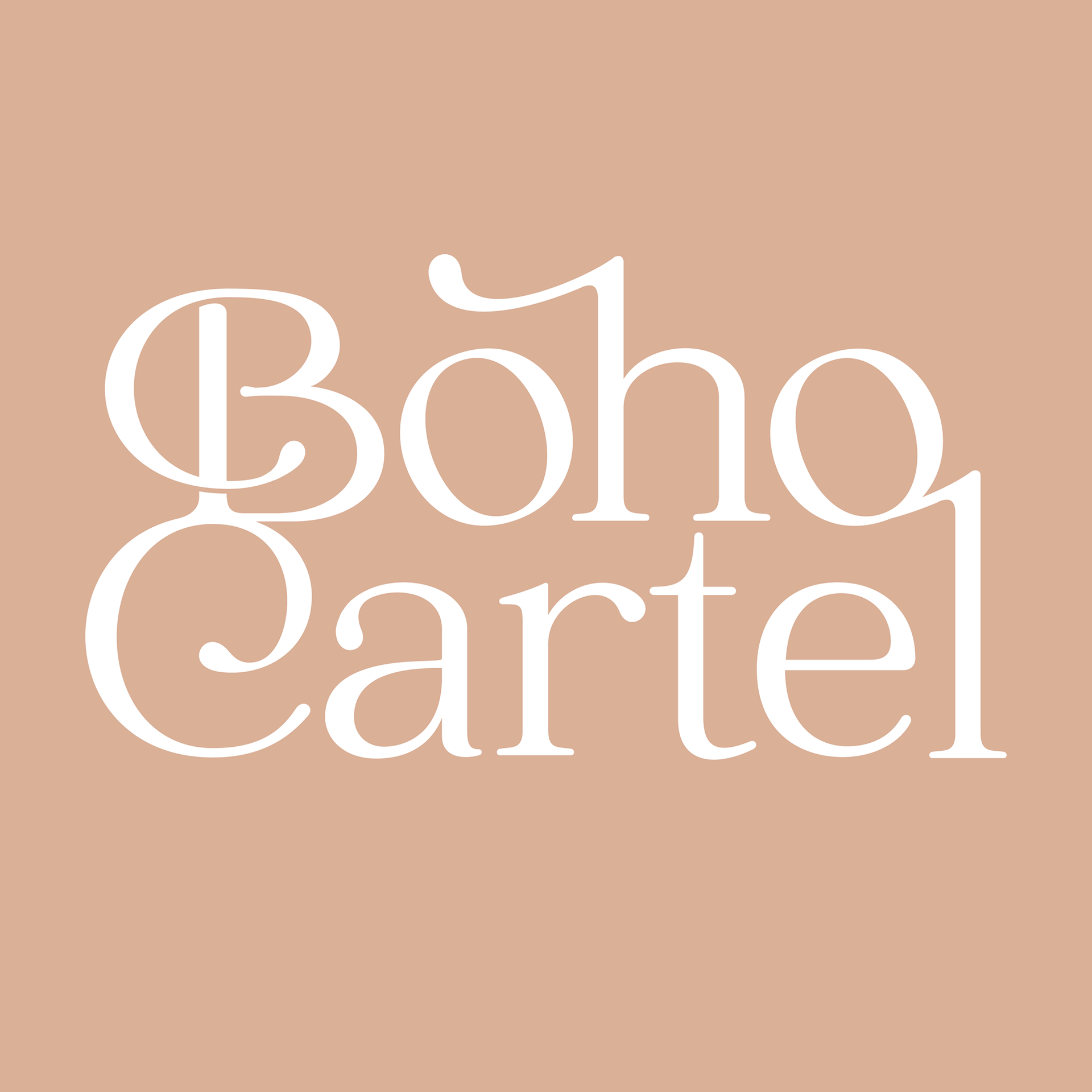 Boho Cartel logo in white script on a peach background.