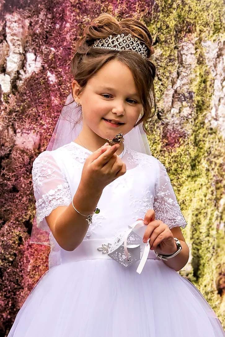 Girl in white dress and veil holding an item, smiling, and wearing a tiara.