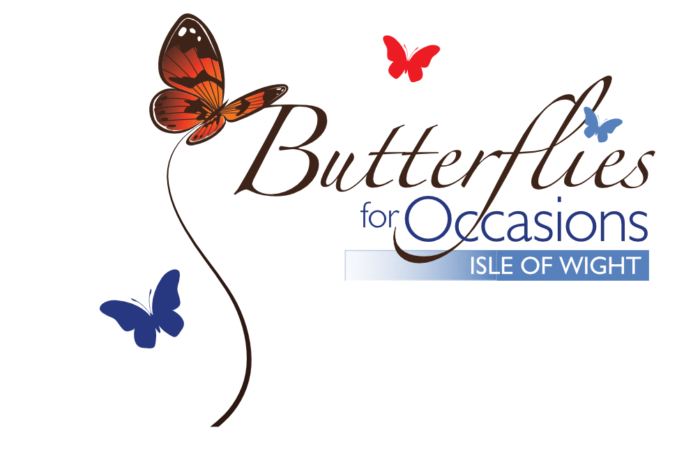 Logo: Butterflies for Occasions, Isle of Wight. Featuring a brown and orange butterfly with three smaller, colorful butterflies.