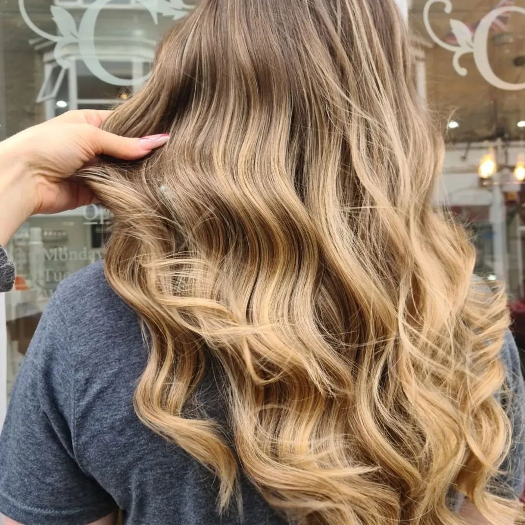Woman's long, wavy hair with blonde highlights; someone's hand touching the hair.