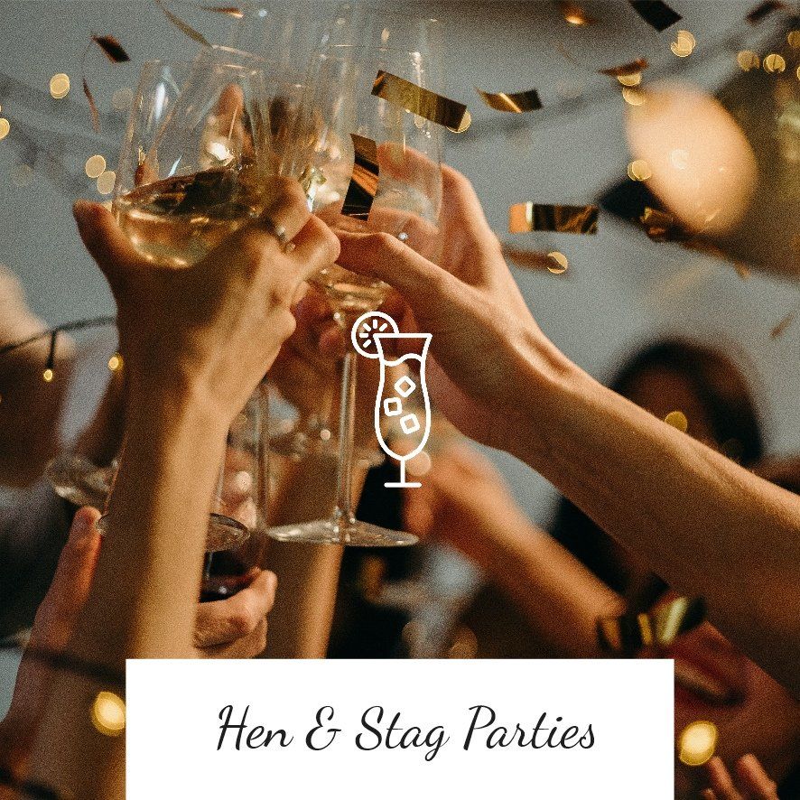 Hands raising glasses in a toast, celebrating at a hen/stag party with cocktail icon.