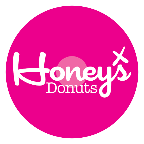 Honey's Donuts logo: white script on pink circle, small pink circle behind