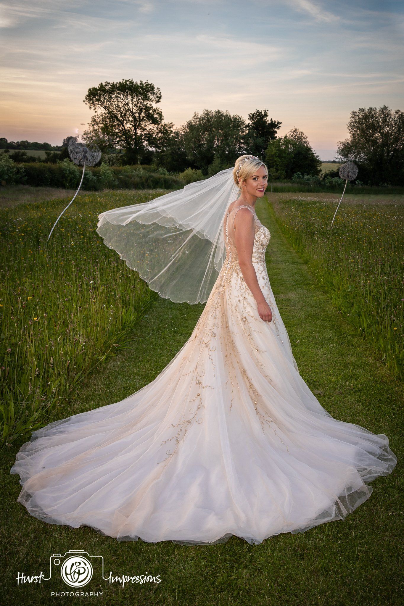 Bride in wedding dress, veil blowing, standing in field. Evening light, dress with gold detail.