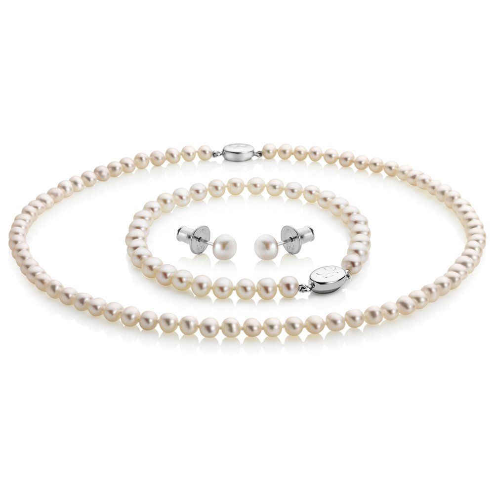 Pearl necklace, bracelet, and earrings set with silver clasps.