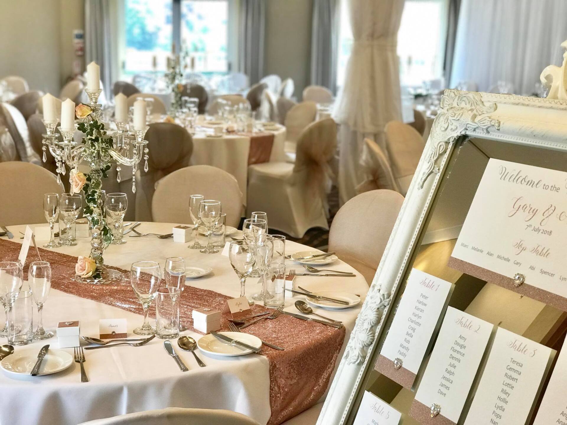 Wedding reception: round tables set with white linens, rose gold runner, candelabras, seating chart in ornate frame.