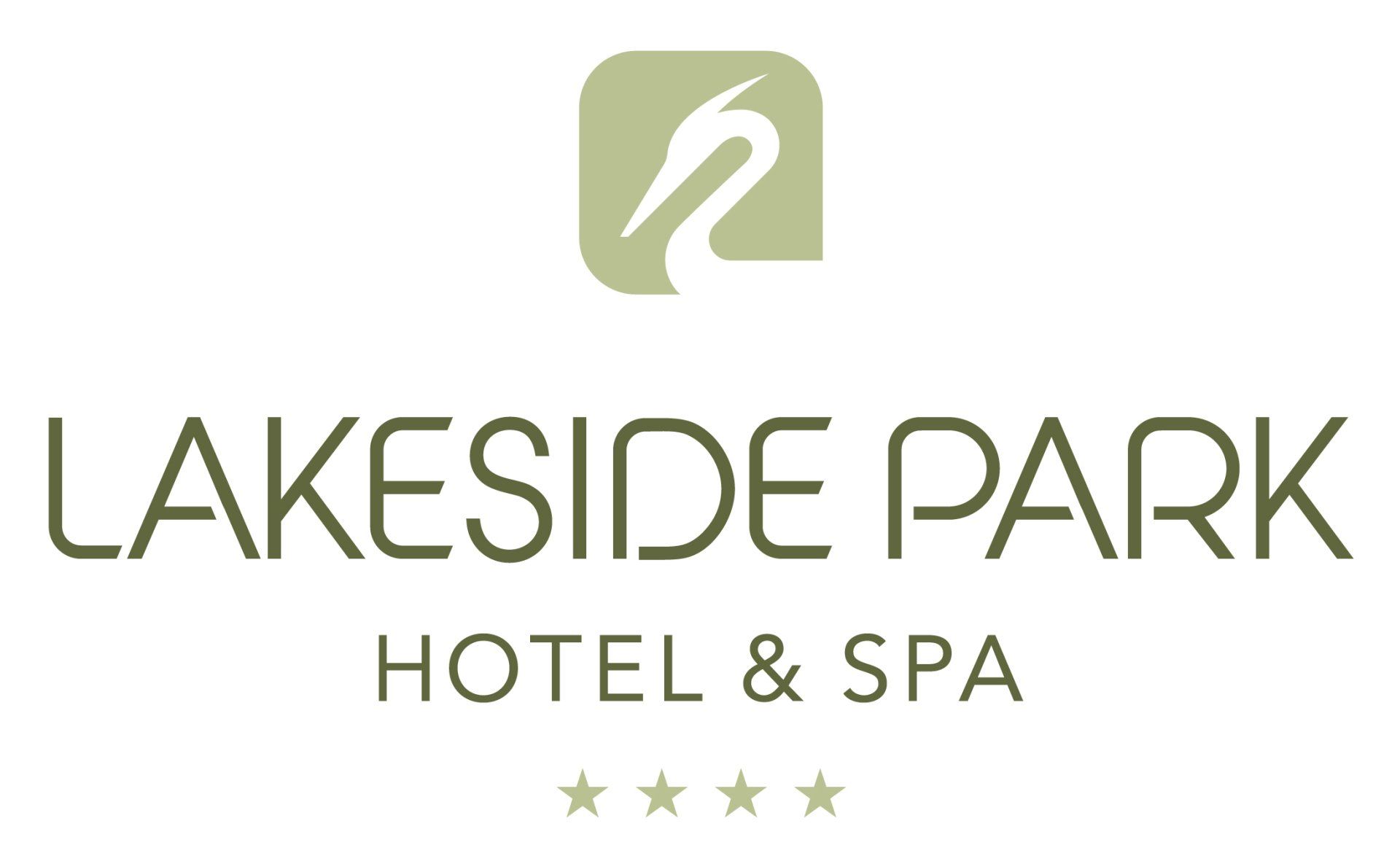 Logo for Lakeside Park Hotel & Spa with a pelican icon, text in olive green, and four stars.