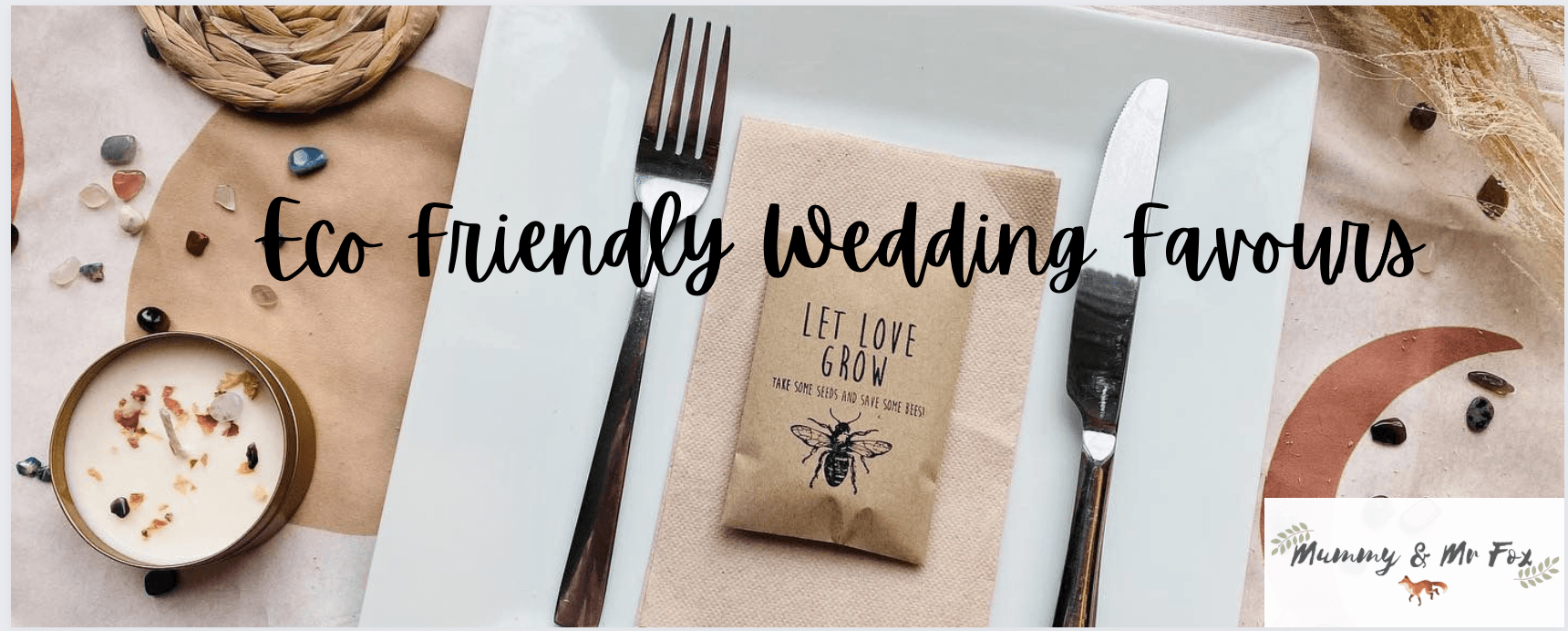 Eco-friendly wedding favor table setting with a place setting and small gift bag.
