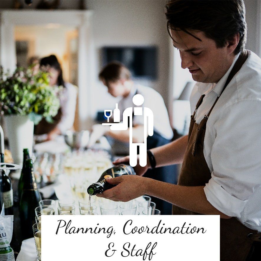 Waiter pouring wine at event, staff in background. Planning, coordination, and staff icon overlay.