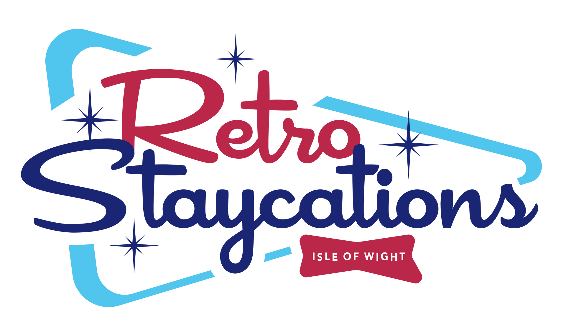 Retro Staycations logo. Red and navy text, light blue outline, stars.