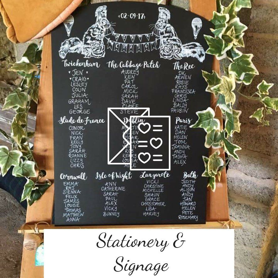 Black chalkboard sign with wedding guest list and date, decorated with ivy.